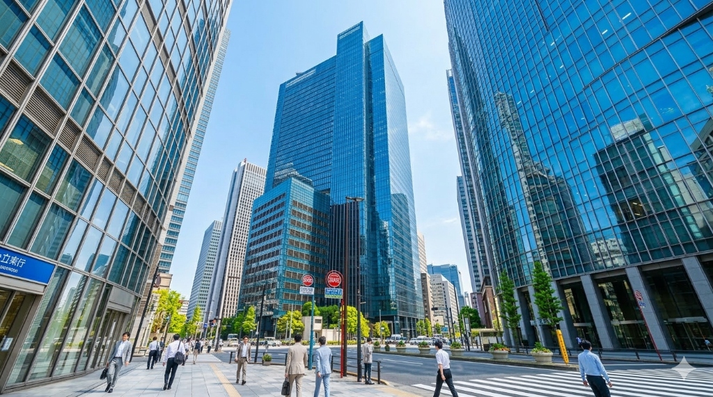 神田のモダンなオフィス街と青空の風景