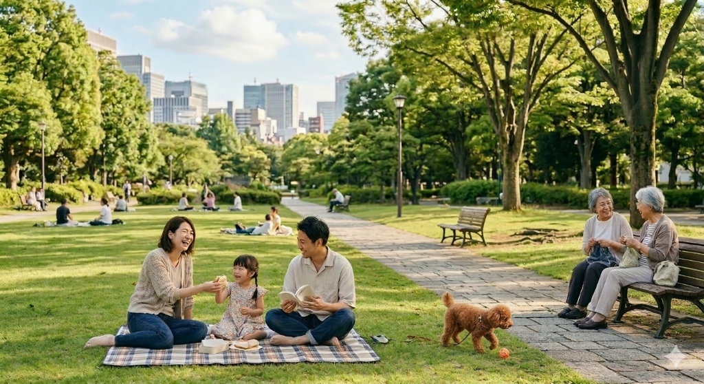 公園で楽しく過ごす家族と高齢者の様子